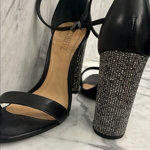 SCHUTZ Black and Silver Heels with Glittery Block Heel